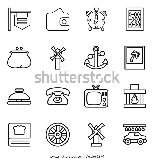 Thin line icon set : shop\
signboard, wallet, alarm clock, abacus, purse, windmill, anchor,\
photo, service bell, phone, tv, fireplace, cooking book, wheel, car\
wash