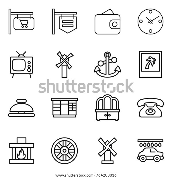 Thin line icon set : shop signboard,\
wallet, clock, tv, windmill, anchor, photo, service bell, wardrobe,\
dresser, phone, fireplace, wheel, car\
wash
