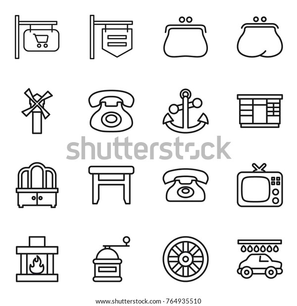 Thin line icon set : shop signboard, purse,\
windmill, phone, anchor, wardrobe, dresser, stool, tv, fireplace,\
hand mill, wheel, car\
wash