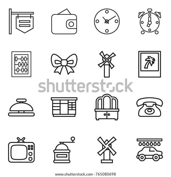Thin line icon set : shop signboard,\
wallet, clock, alarm, abacus, bow, windmill, photo, service bell,\
wardrobe, dresser, phone, tv, hand mill, car\
wash