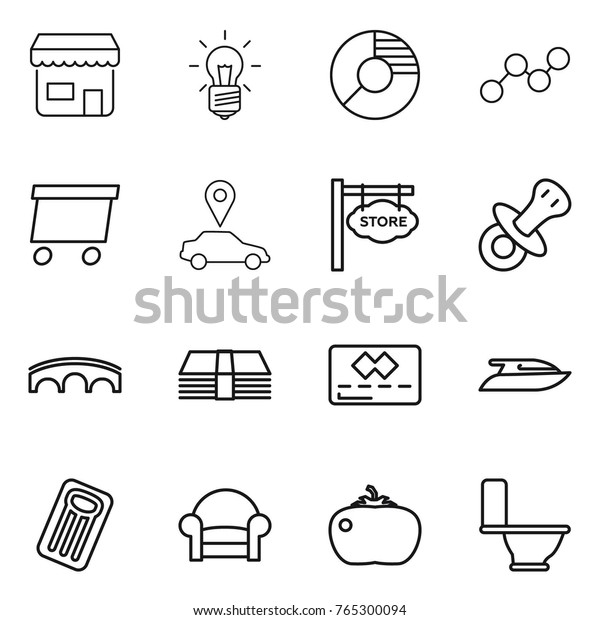 Thin\
line icon set : shop, bulb, circle diagram, graph, delivery, car\
pointer, store signboard, nipple, bridge, money, credit card,\
yacht, inflatable mattress, armchair, tomato,\
toilet