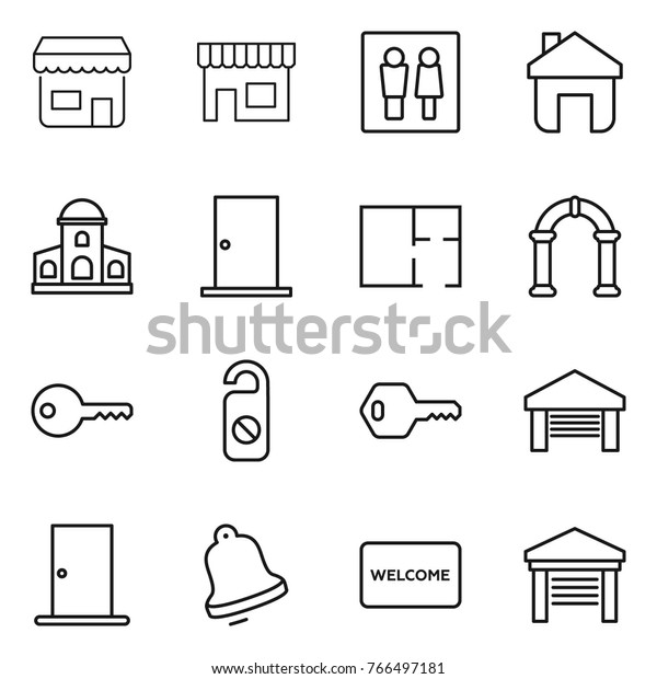 Thin line icon set\
: shop, wc, home, mansion, door, plan, arch, key, do not distrub,\
garage, bell, welcome mat