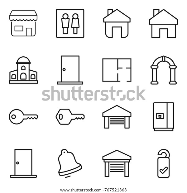 Thin line icon set :
shop, wc, home, mansion, door, plan, arch, key, garage, fridge,
bell, please clean