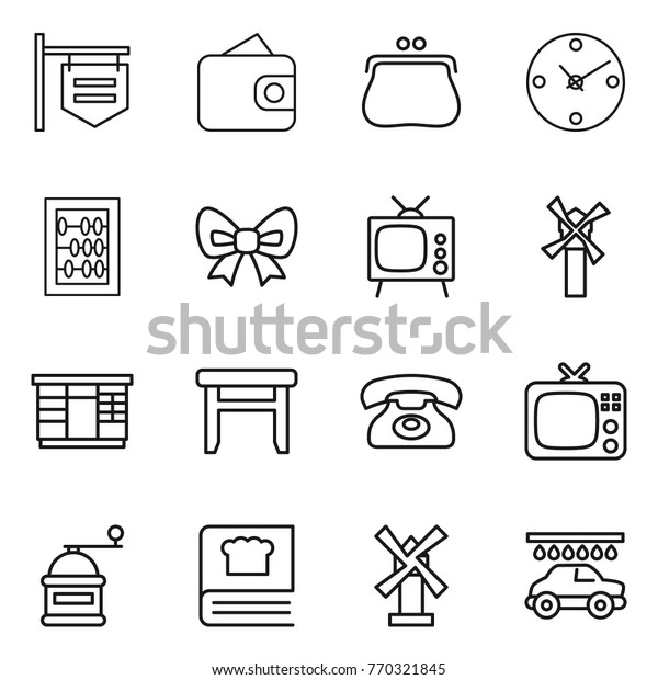 Thin line icon set : shop signboard, wallet, purse,\
clock, abacus, bow, tv, windmill, wardrobe, stool, phone, hand\
mill, cooking book, car\
wash