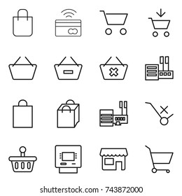 thin line icon set : shopping bag, tap to pay, cart, add, basket, remove from, delete, store, mall, do not trolley sign, atm, shop