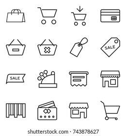 thin line icon set : shopping bag, cart, add to, credit card, remove from basket, delete, label, sale, cashbox, atm receipt, shop, bar code