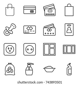 thin line icon set : shopping bag, credit card, nipple, identity, power socket, window, garbage, liquid soap, foam basin, toilet cleanser