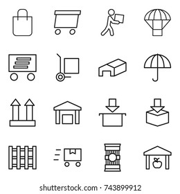 thin line icon set : shopping bag, delivery, courier, parachute, cargo stoller, warehouse, dry, top sign, package, pallet, fast deliver, pasta