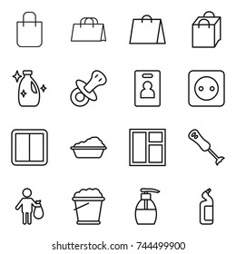 thin line icon set : shopping bag, cleanser, nipple, identity card, power socket, switch, washing, window, blender, trash, foam bucket, liquid soap, toilet