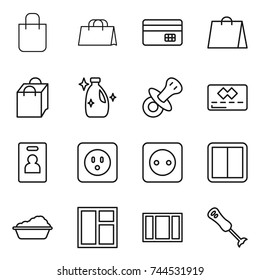 thin line icon set : shopping bag, credit card, cleanser, nipple, identity, power socket, switch, washing, window, blender