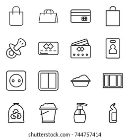 thin line icon set : shopping bag, credit card, nipple, identity, power socket, switch, washing, window, garbage, foam bucket, liquid soap, toilet cleanser