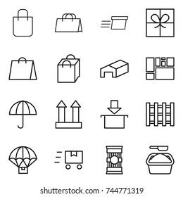 thin line icon set : shopping bag, delivery, gift, warehouse, consolidated cargo, dry, top sign, package, pallet, parachute, fast deliver, pasta, washing powder