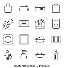 thin line icon set : shopping bag, credit card, nipple, identity, power socket, switch, washing, window, trash, liquid soap, foam basin, toilet cleanser