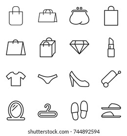 thin line icon set : shopping bag, purse, diamond, lipstick, t shirt, underpants, shoes, suitcase, mirror, hanger, slippers