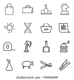 thin line icon set : shopping bag, pedestal, chess horse, chip, dna, remove from basket, list, measuring tape, palm, scoop, hand mill, pear, sheep, pruner, clothespin