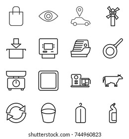 thin line icon set : shopping bag, eye, car pointer, windmill, package, atm, cruise ship, pan, kitchen scales, cutting board, food processor, cow, reload, bucket, dry wash, toilet cleanser