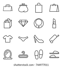 thin line icon set : shopping bag, purse, diamond, necklace, lipstick, t shirt, underpants, shoes, suitcase, mirror, hanger, slippers