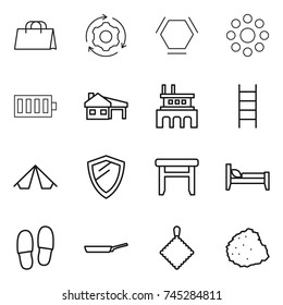 thin line icon set : shopping bag, around gear, hex molecule, round, battery, house with garage, factory, stairs, tent, shield, stool, bed, slippers, pan, rag, pile of garbage
