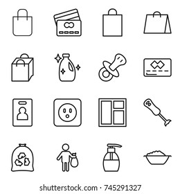 thin line icon set : shopping bag, credit card, cleanser, nipple, identity, power socket, window, blender, garbage, trash, liquid soap, foam basin