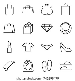 thin line icon set : shopping bag, purse, diamond, necklace, lipstick, t shirt, underpants, shoes, suitcase, mirror, slippers