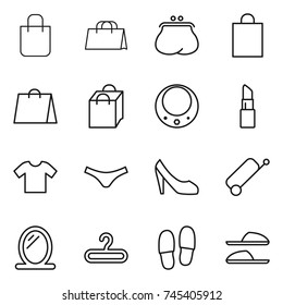 thin line icon set : shopping bag, purse, necklace, lipstick, t shirt, underpants, shoes, suitcase, mirror, hanger, slippers