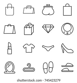 thin line icon set : shopping bag, purse, diamond, necklace, lipstick, t shirt, underpants, shoes, mirror, hanger, slippers