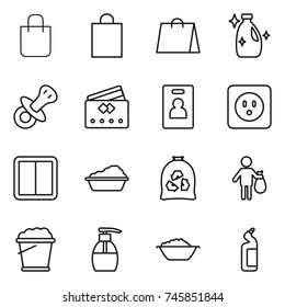 thin line icon set : shopping bag, cleanser, nipple, credit card, identity, power socket, switch, washing, garbage, trash, foam bucket, liquid soap, basin, toilet