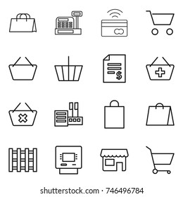 thin line icon set : shopping bag, cashbox, tap to pay, cart, basket, account balance, add, delete, store, pallet, atm, shop