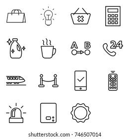 thin line icon set : shopping bag, bulb, delete cart, calculator, cleanser, hot drink, route a to b, phone 24, train, vip fence, mobile checking, remote control, alarm, kitchen scales