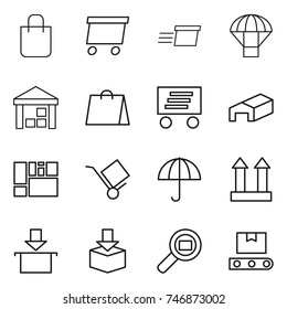thin line icon set : shopping bag, delivery, parachute, warehouse, consolidated cargo, trolley, dry, top sign, package, search, transporter tape