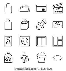 thin line icon set : shopping bag, credit card, nipple, identity, power socket, switch, window, garbage, trash, foam bucket, basin