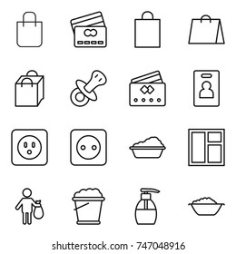 thin line icon set : shopping bag, credit card, nipple, identity, power socket, washing, window, trash, foam bucket, liquid soap, basin