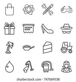 thin line icon set : shopping bag, atom, pencil wrench, smart glasses, gift, atm receipt, shoes, confidential, palm, pan, cake, tractor, drop, vacuum cleaner