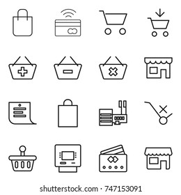 thin line icon set : shopping bag, tap to pay, cart, add, basket, remove from, delete, shop, list, mall, do not trolley sign, atm, credit card thin line icon set : shopping bag, tap to pay, cart, add, basket, remove from, delete, shop, list, mall, do not trolley sign, atm, credit card