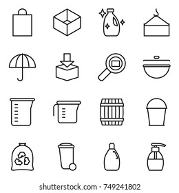 thin line icon set : shopping bag, box, cleanser, loading crane, dry cargo, package, search, cauldron, measuring cup, barrel, bucket, garbage, trash bin, liquid soap