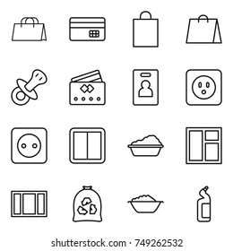 thin line icon set : shopping bag, credit card, nipple, identity, power socket, switch, washing, window, garbage, foam basin, toilet cleanser
