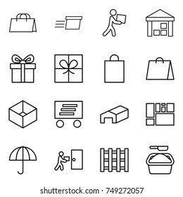 thin line icon set : shopping bag, delivery, courier, warehouse, gift, box, consolidated cargo, dry, pallet, washing powder