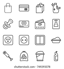 thin line icon set : shopping bag, credit card, cleanser, nipple, identity, power socket, switch, washing, blender, garbage, foam bucket, toilet