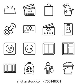 thin line icon set : shopping bag, credit card, cleanser, nipple, identity, power socket, switch, window, garbage, trash, foam bucket