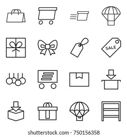 thin line icon set : shopping bag, delivery, parachute, gift, bow, label, sale, package box, hi quality, rack