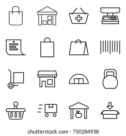 thin line icon set : shopping bag, warehouse, add to basket, market scales, list, bar code, cargo stoller, shop, hangare, heavy, fast deliver, package