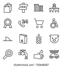 thin line icon set : shopping bag, singlepost, district, fort, medal, phone 24, cart, invalid, shark flipper, cereals, spikelets, pig, viruses, water tap, hand drop, car wash