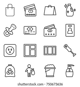 thin line icon set : shopping bag, credit card, cleanser, nipple, identity, power socket, window, blender, garbage, trash, foam bucket, liquid soap