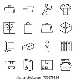 thin line icon set : shopping bag, delivery, courier, parachute, gift, box, cargo stoller, warehouse, do not hook sign, pallet, fast deliver, cereals, package, washing powder