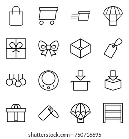 thin line icon set : shopping bag, delivery, parachute, gift, bow, box, label, sale, necklace, package, hi quality, rack