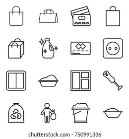 thin line icon set : shopping bag, credit card, cleanser, power socket, switch, washing, window, blender, garbage, trash, foam bucket, basin