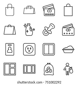 thin line icon set : shopping bag, credit card, cleanser, nipple, identity, power socket, switch, washing, window, garbage, trash