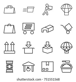 thin line icon set : shopping bag, delivery, courier, parachute, warehouse, trolley, cargo top sign, package, pasta, washing powder