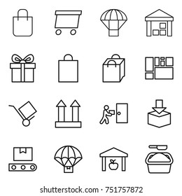 thin line icon set : shopping bag, delivery, parachute, warehouse, gift, consolidated cargo, trolley, top sign, courier, package, transporter tape, washing powder
