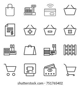 thin line icon set : shopping bag, cashbox, tap to pay, basket, account balance, add, remove from, delete cart, store, mall, pallet, atm, credit card